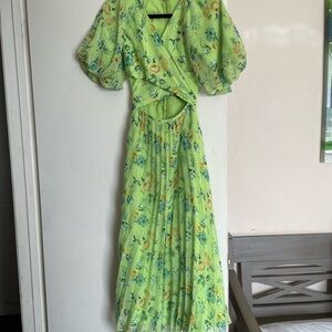 Green and Yellow Wrap Sundress with Puff Sleeves for Wedding Guest
